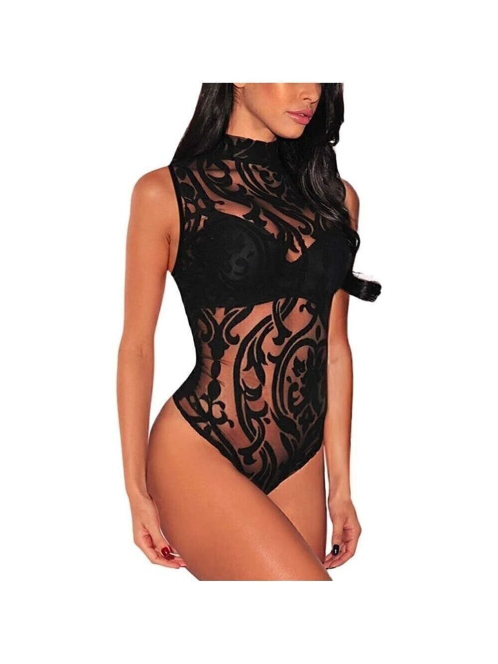 𝅺SHEER Mesh Turtleneck See Through Leotard Bodysuit Body Top Stretchy Sexy NWT